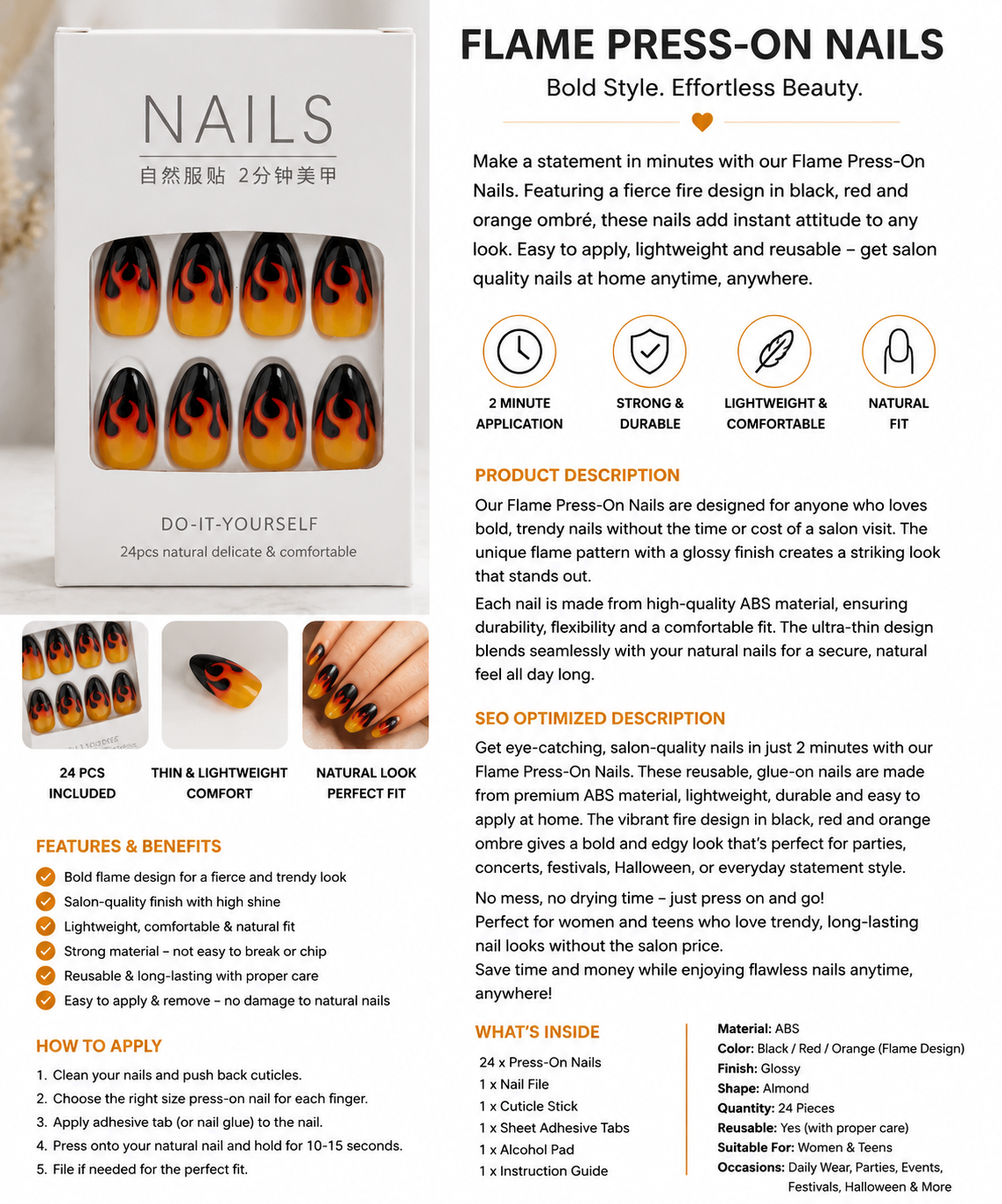 Flame Design Press-On Nails – DIY Salon Quality