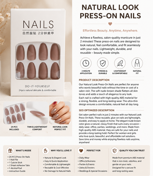 Natural Look Press-On Nails – Nude Brown with Leopard Accent