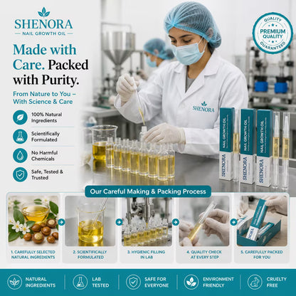 Shenora Nail Growth Oil manufacturing and packing process showing hygienic lab production, quality testing, natural ingredients, and safe packaging for premium nail care.
