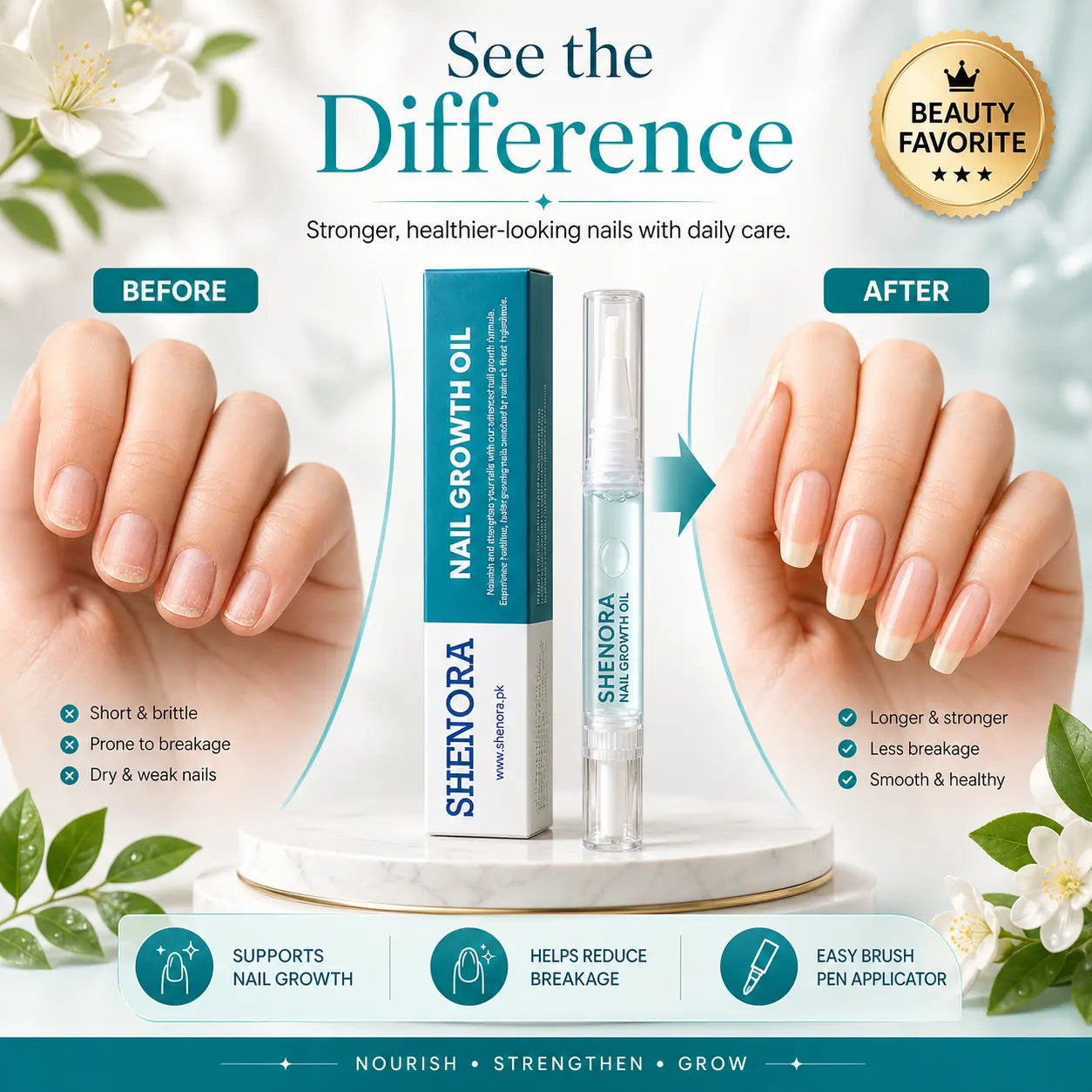 Before and after results using Shenora Nail Growth Oil showing longer, stronger, and healthier nails.