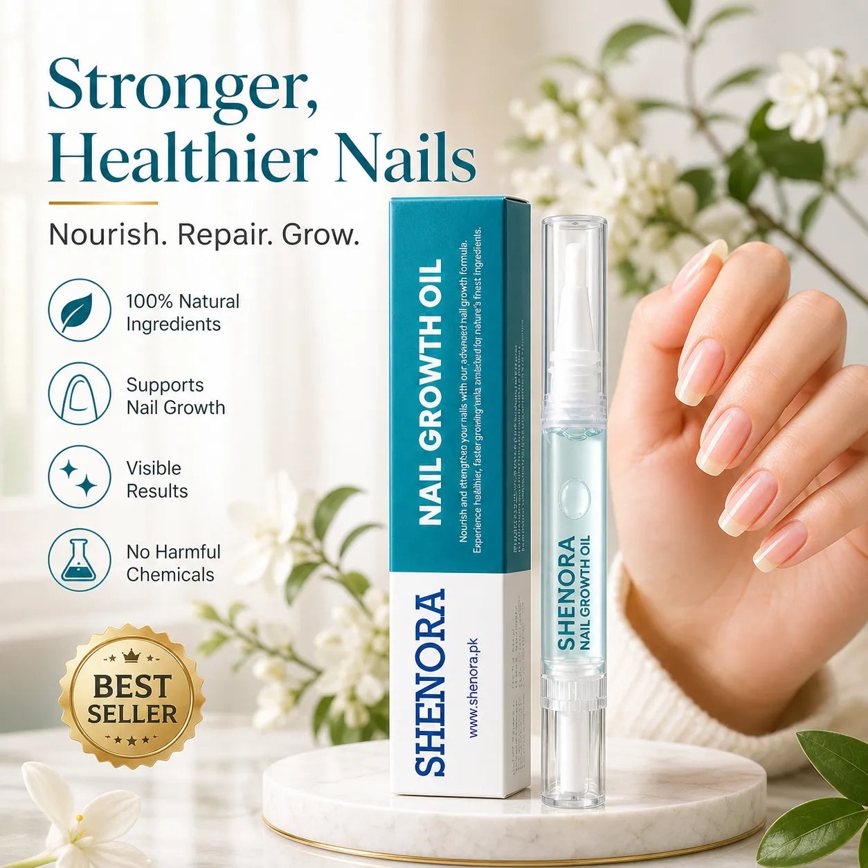 Shenora Nail Growth Oil pen with brush applicator, strengthens and nourishes nails naturally, 100% natural ingredients.