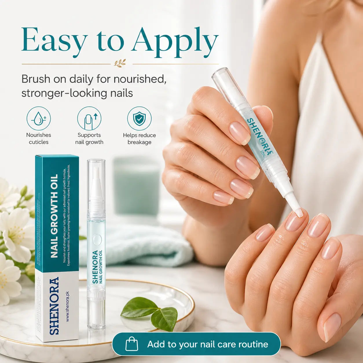 Model applying Shenora Nail Growth Oil with brush pen on nails and cuticles, easy daily application for stronger nails.
