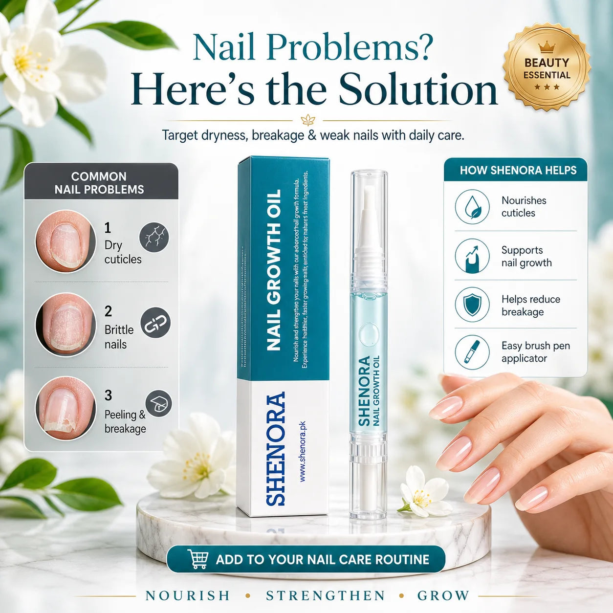 Common nail problems like dry cuticles, brittle, peeling, dull and weak nails, solved with Shenora Nail Growth Oil.